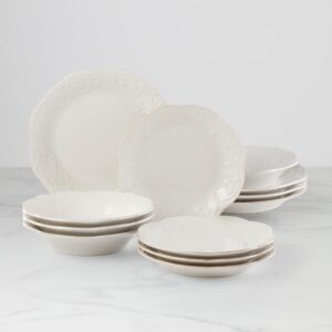 White Scalloped Stoneware Set with Pasta Bowls, 12-Piece