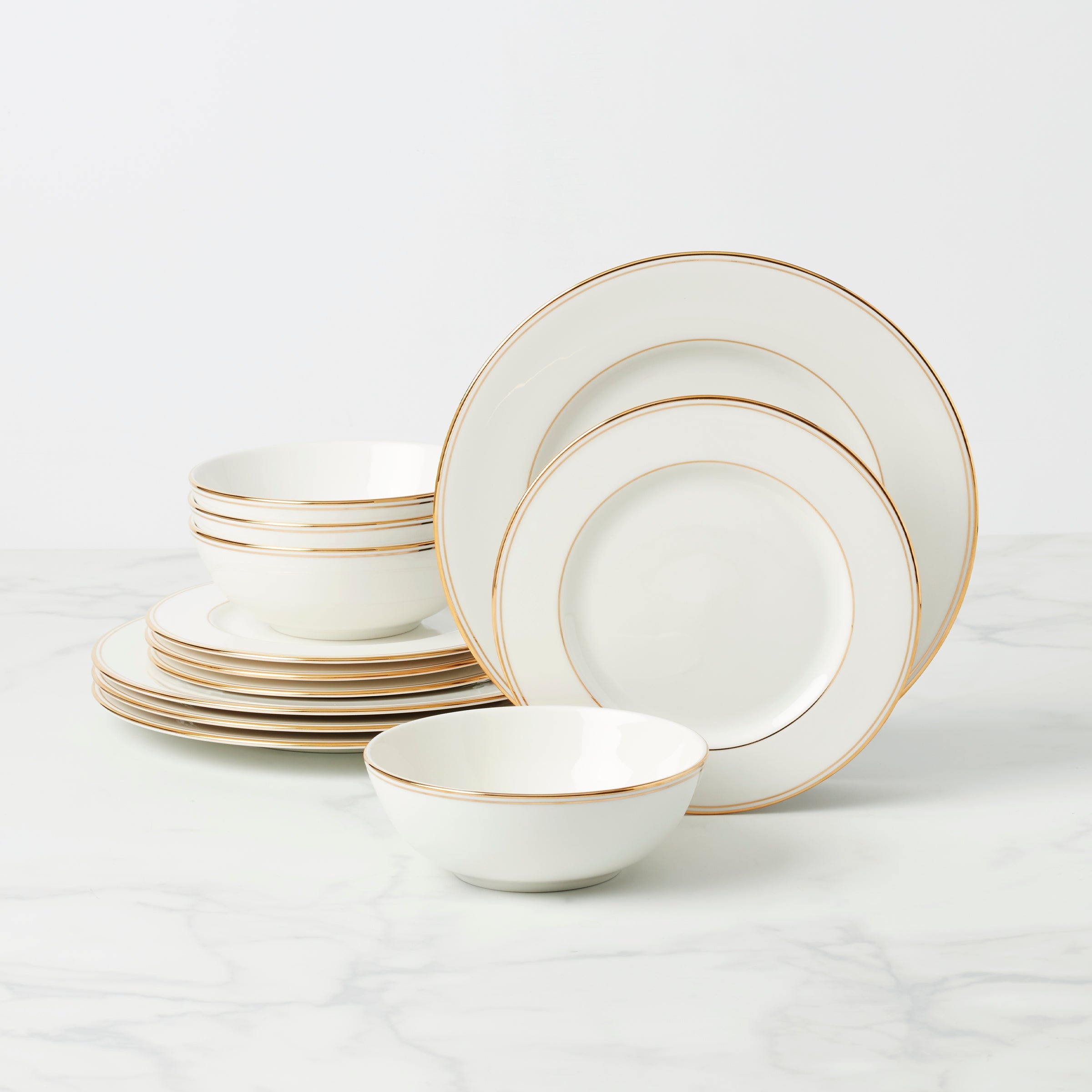 White Porcelain Double Gold Band Dinnerware Set, 12-Piece