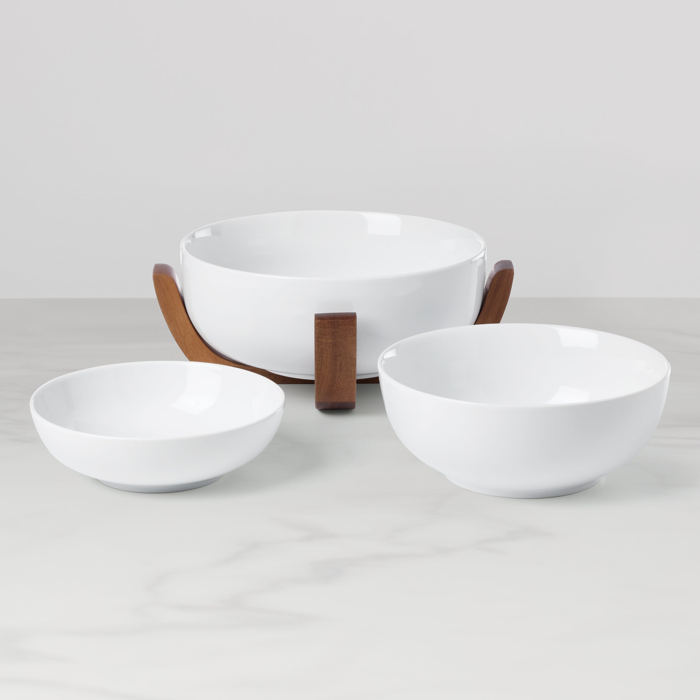 White Nesting Bowl Set with Wood Stand, 3-Piece - Image 2